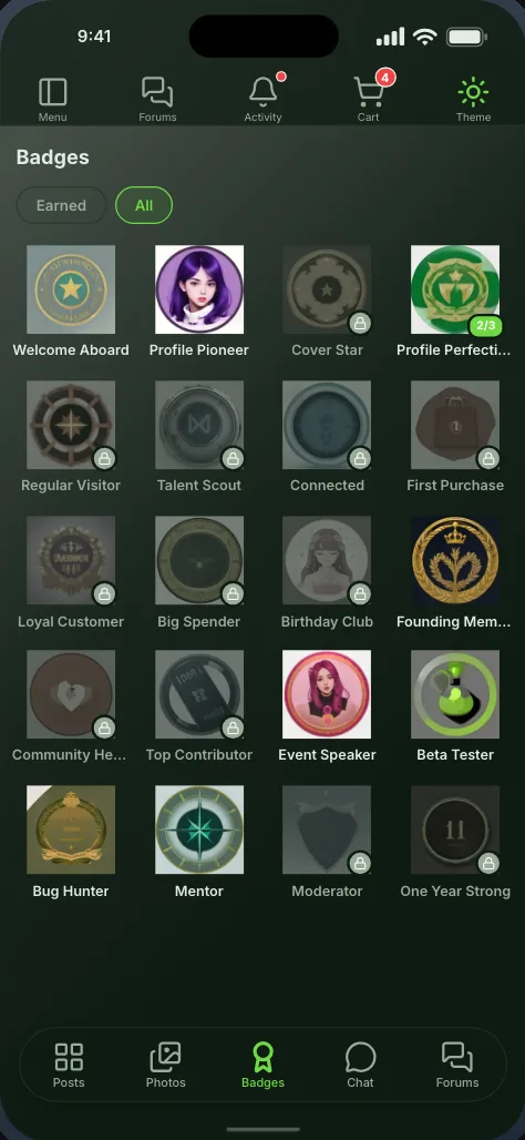 The badges a member has earned