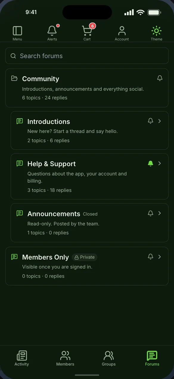 The bbPress forum tree: a category and its forums, with topic and reply counts