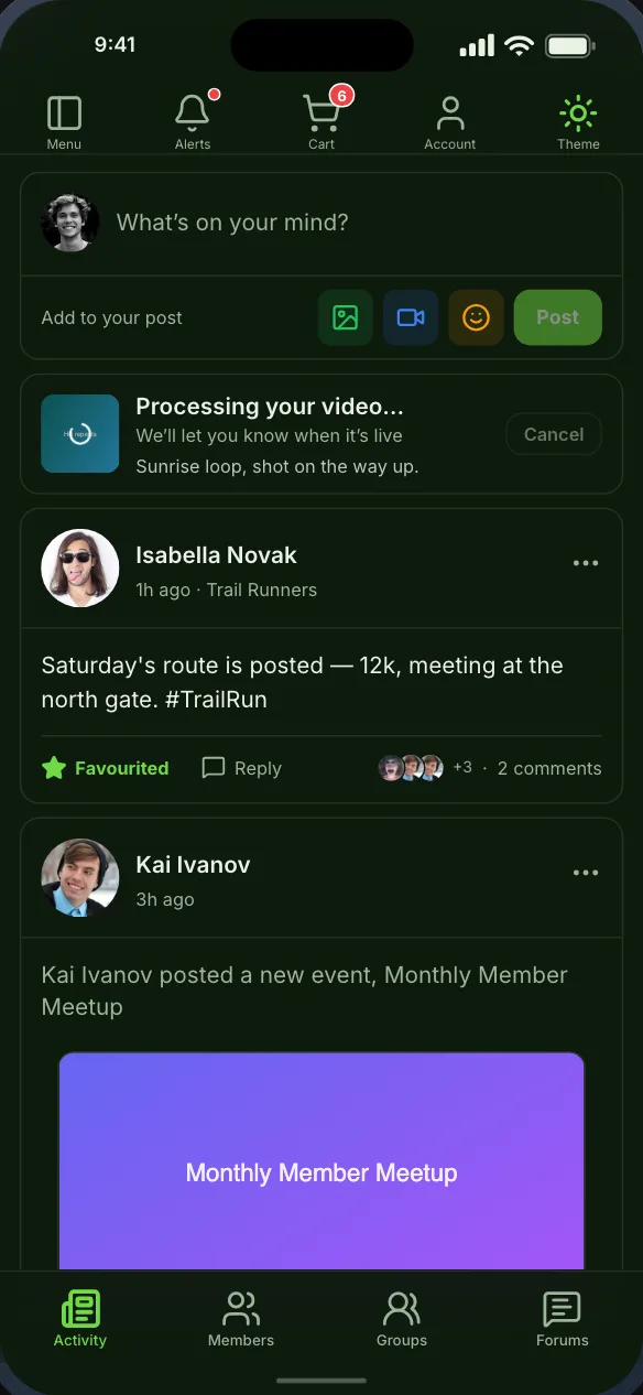 The BuddyPress activity stream, with the post composer, favourites and replies
