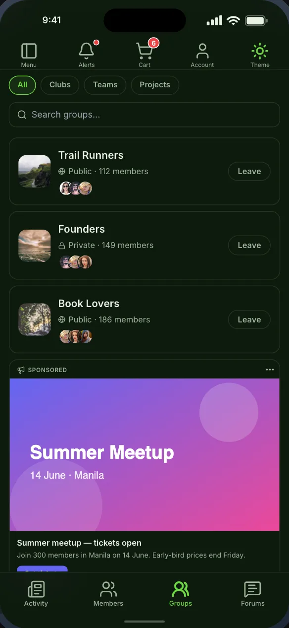 BuddyPress groups, with group types, privacy and member counts