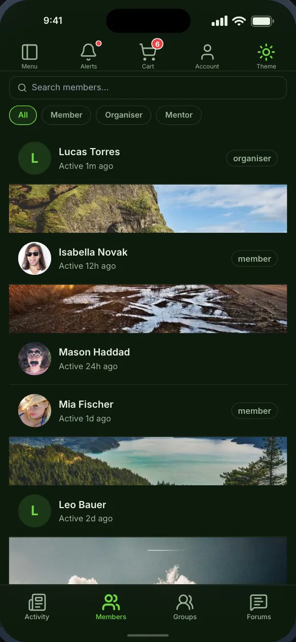 The BuddyPress member directory, with member-type filters and cover photos