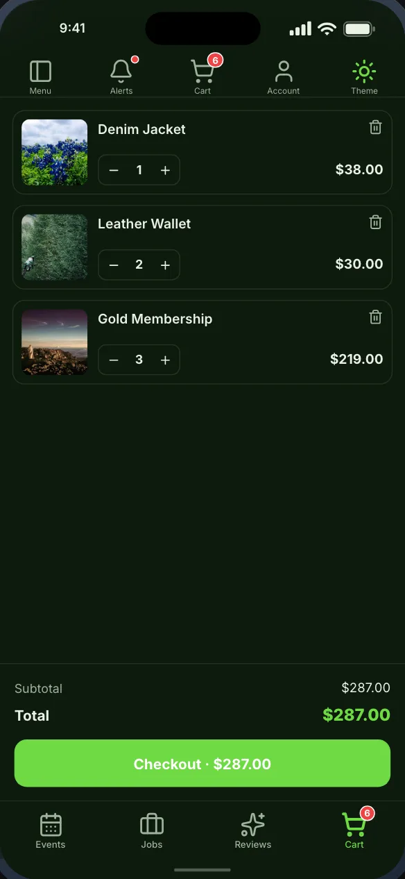 The WooCommerce cart, with quantities and a checkout total