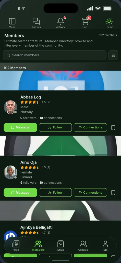 The member directory, showing member photos with message and follow buttons