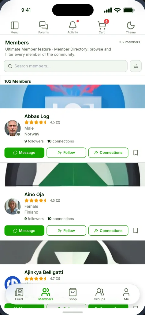 The member directory, showing member photos with message and follow buttons