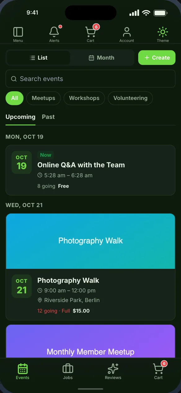 The Events Calendar as a list, with search, category chips and a Create button
