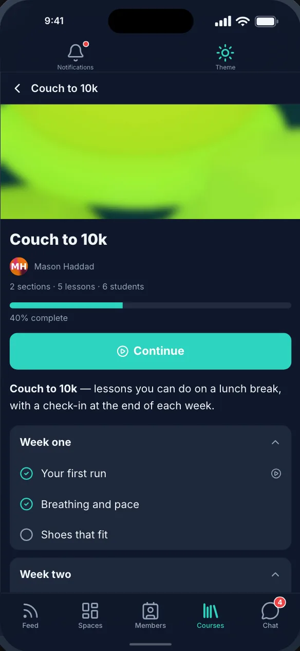 A Fluent Community course in progress, with its lessons ticked off and a Continue button