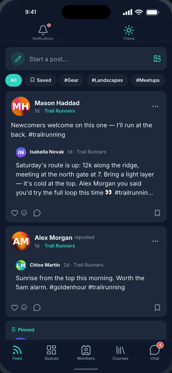 The Fluent Community feed, with the composer, topic chips, a repost and a quoted post
