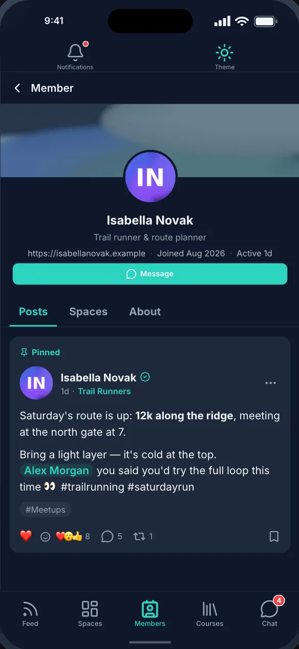 A member’s community profile, with a Message button and their pinned post