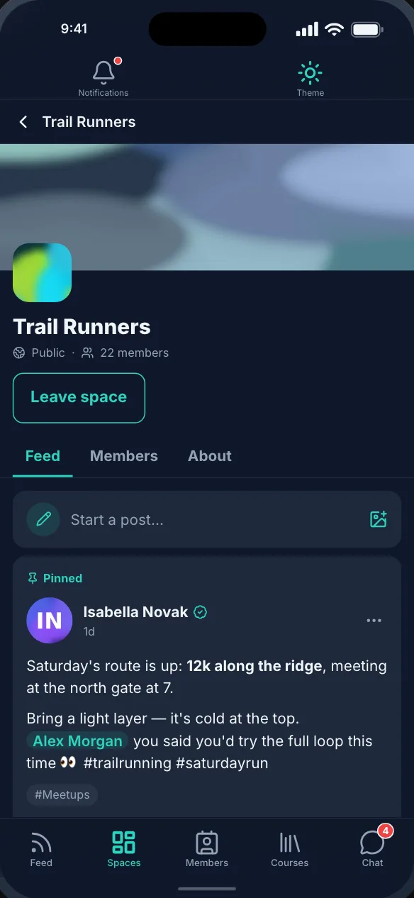 A Fluent Community space, with its cover, member count, a pinned post and emoji reactions