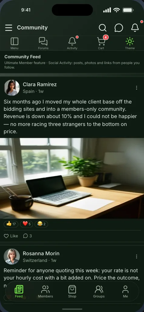 The app’s community feed, showing member posts with photos and reactions