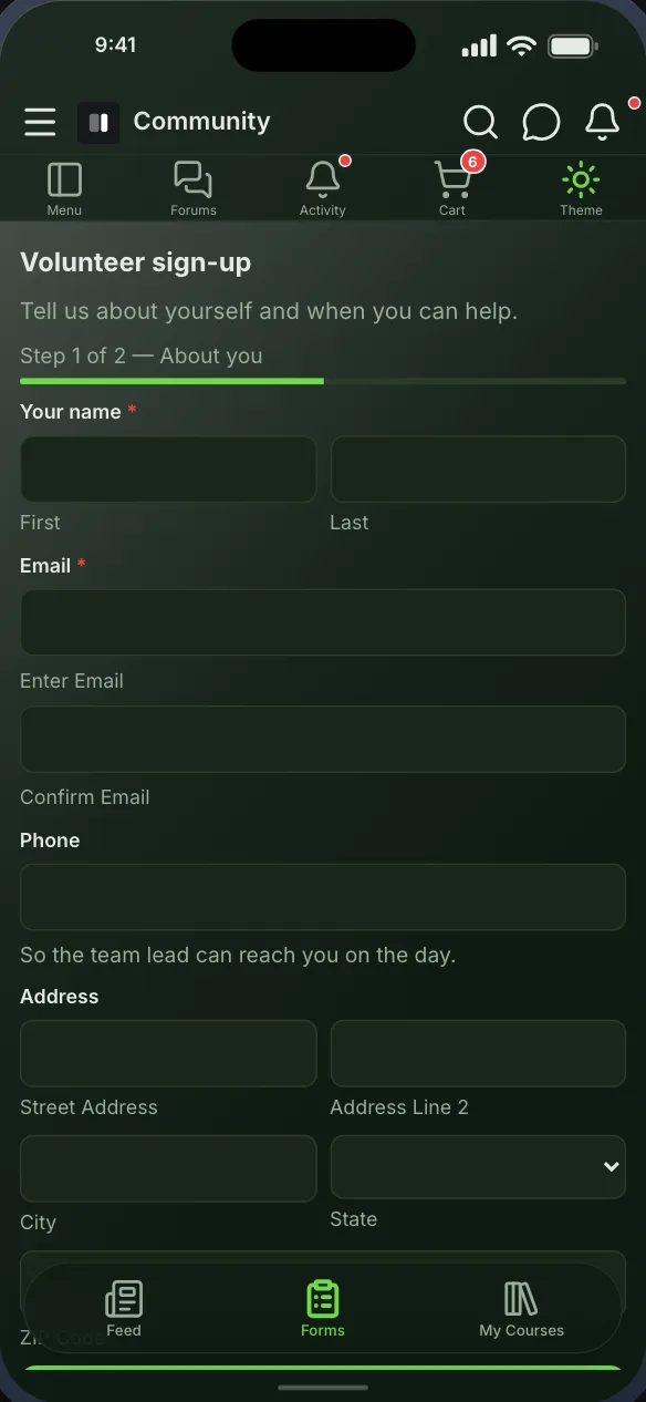 A two-page Gravity Forms sign-up form, with a step bar, name and address fields and an email confirmation box