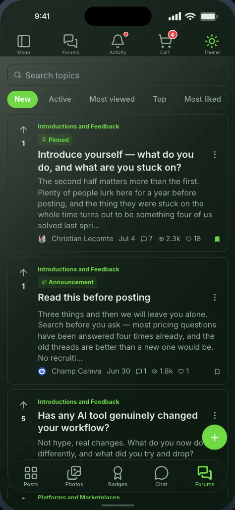 The forum feed, listing topics from every forum with votes, replies and views