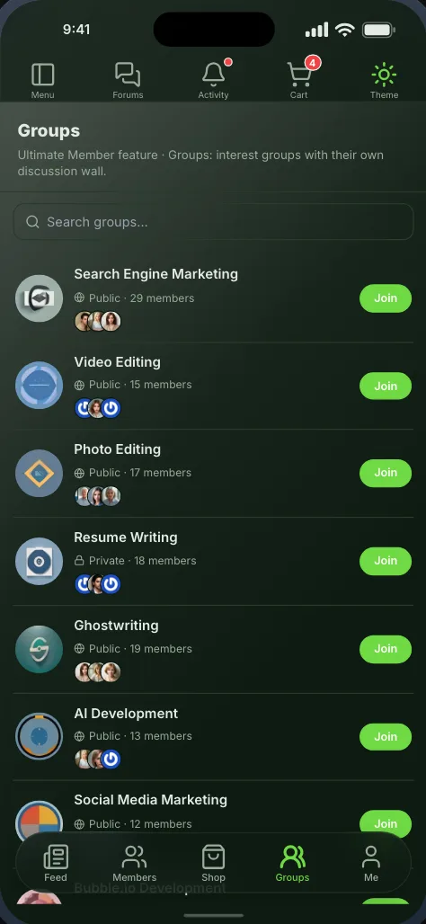 The groups screen, listing community groups a member can join
