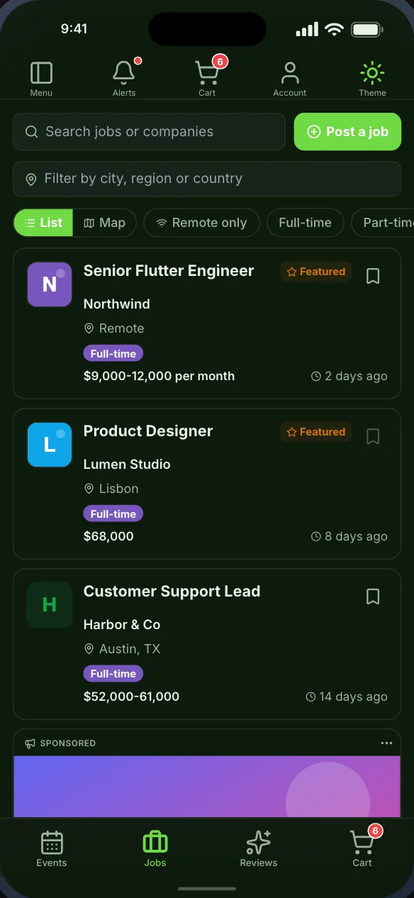 The JobBoardWP job board, with search, a place filter, featured jobs and Post a job