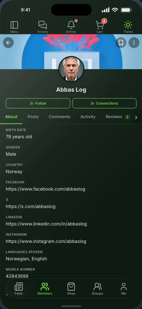 Another member’s profile, opened from the directory, with follow and connection buttons