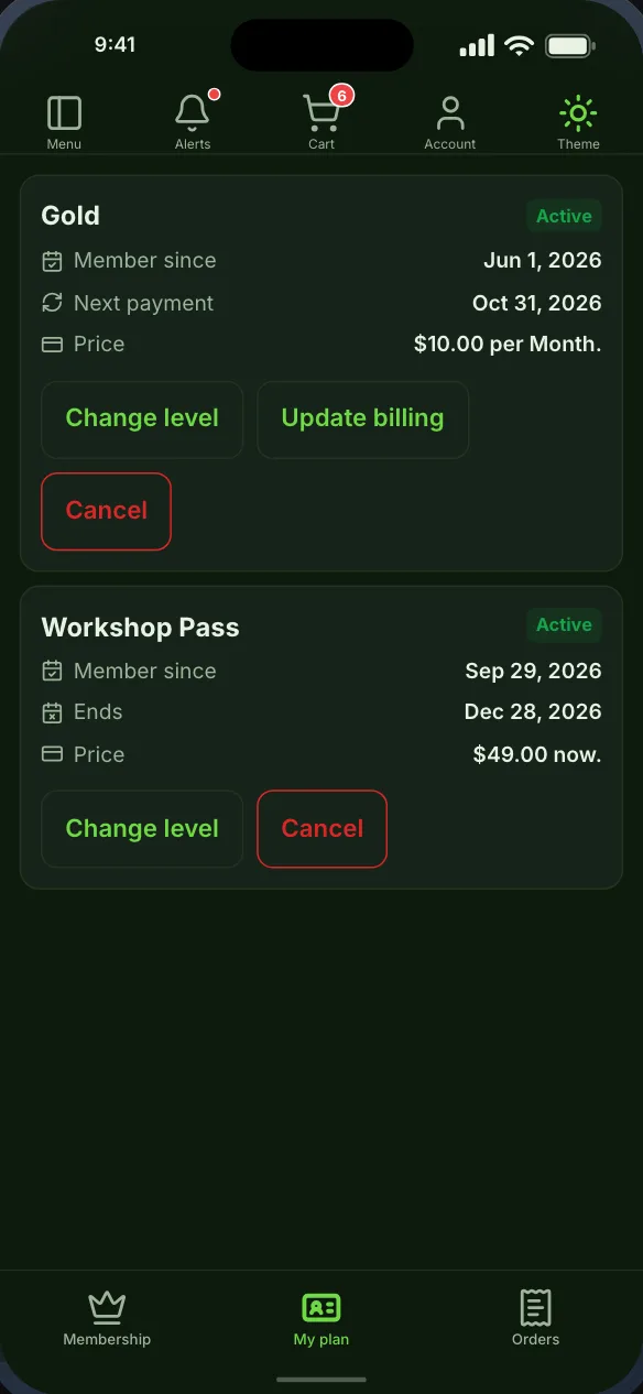 A member’s own memberships: since when, the next payment, the price, and Change level, Update billing and Cancel