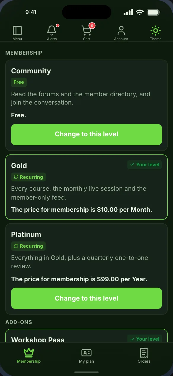 Paid Memberships Pro levels as a pricing screen, with prices and a Join button on each level