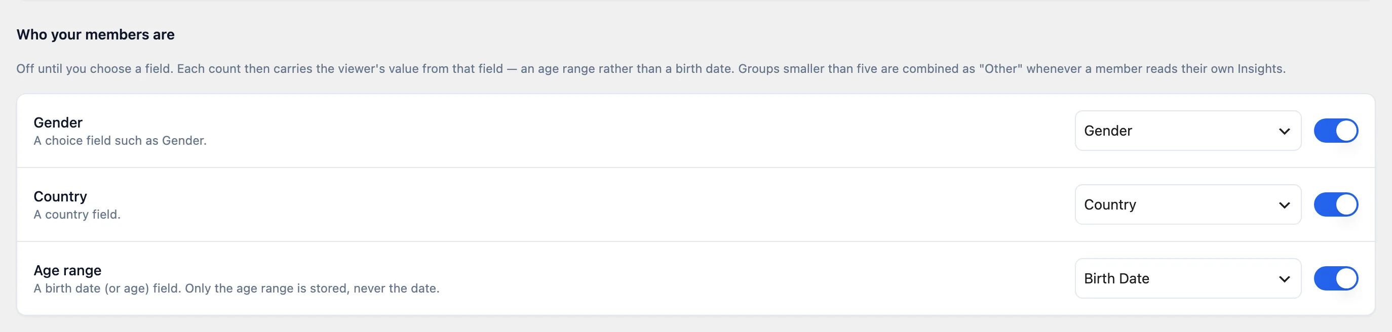 Insights settings in WordPress: Gender, Country and Age range, each mapped to a profile field with its own switch